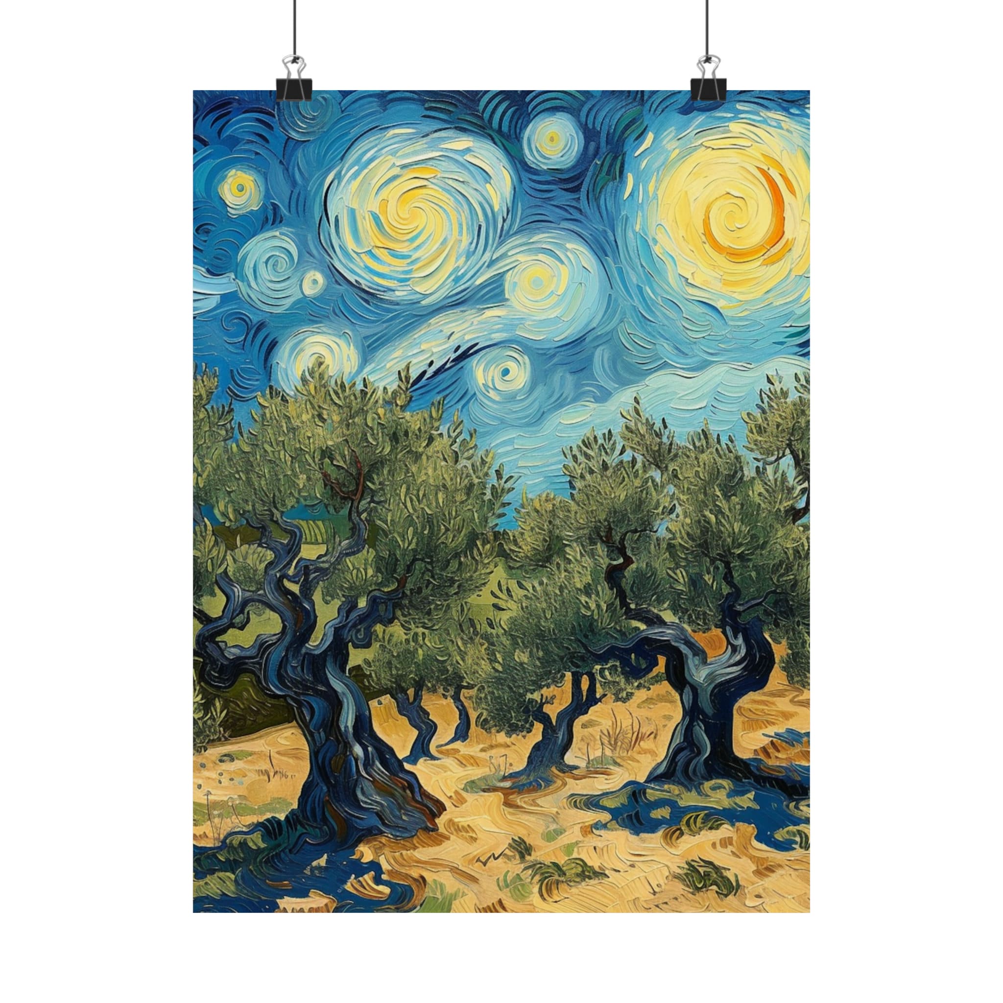ヴァン・ゴッホのオリーブの木のアート、抽象的な青黄色の空、月と