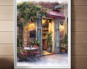French Cafe Watercolor Print: Parisian Wine Bar Bistro, Paris Travel Poster Gift (Digital Download)