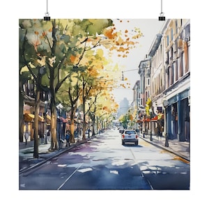 Portland Art, Oregon Streetscape Print, Pacific Northwest USA Watercolor Painting, Fall Wall Art, Travel Poster, US City Travel Gift