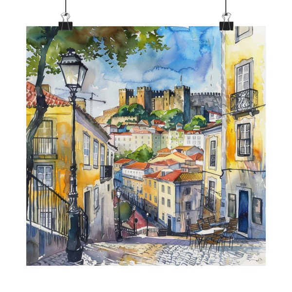 Portugal Painting Lisbon Streetscape Art Print, Portuguese Watercolor Print, Portugal Travel Art, Lisbon Castle, Europe Wall Decor