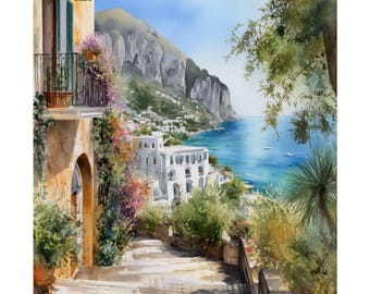 Capri Italy Watercolor Print: Mediterranean Seascape Travel Poster