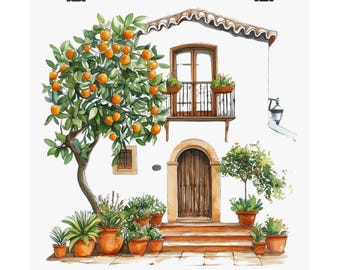 Spanish Villa Orange Tree Painting: Spain Watercolor Art Print, Mediterranean Travel Art, Andalusia Fresh Oranges Poster, Fruit Kitchen Art