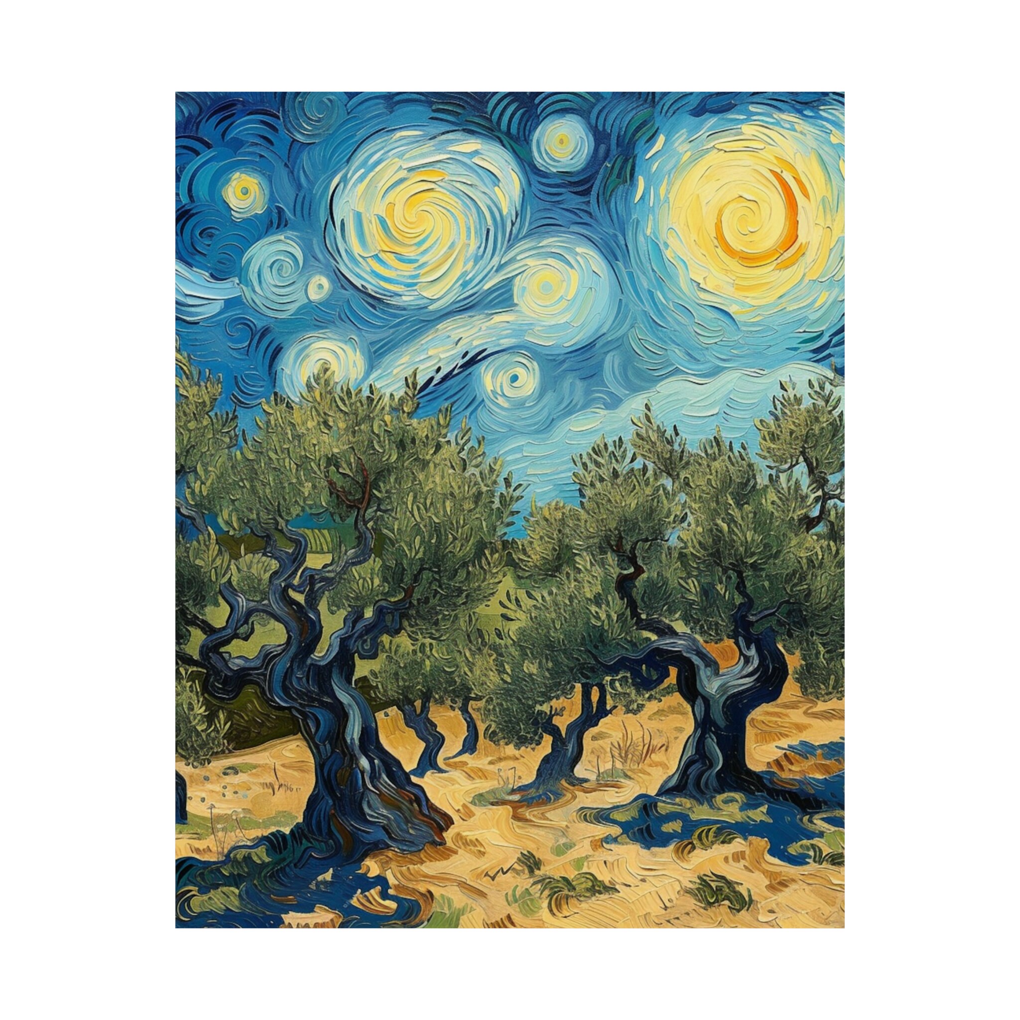 Van Gogh Olive Trees Art, Abstract Blue Yellow Sky, Moon and