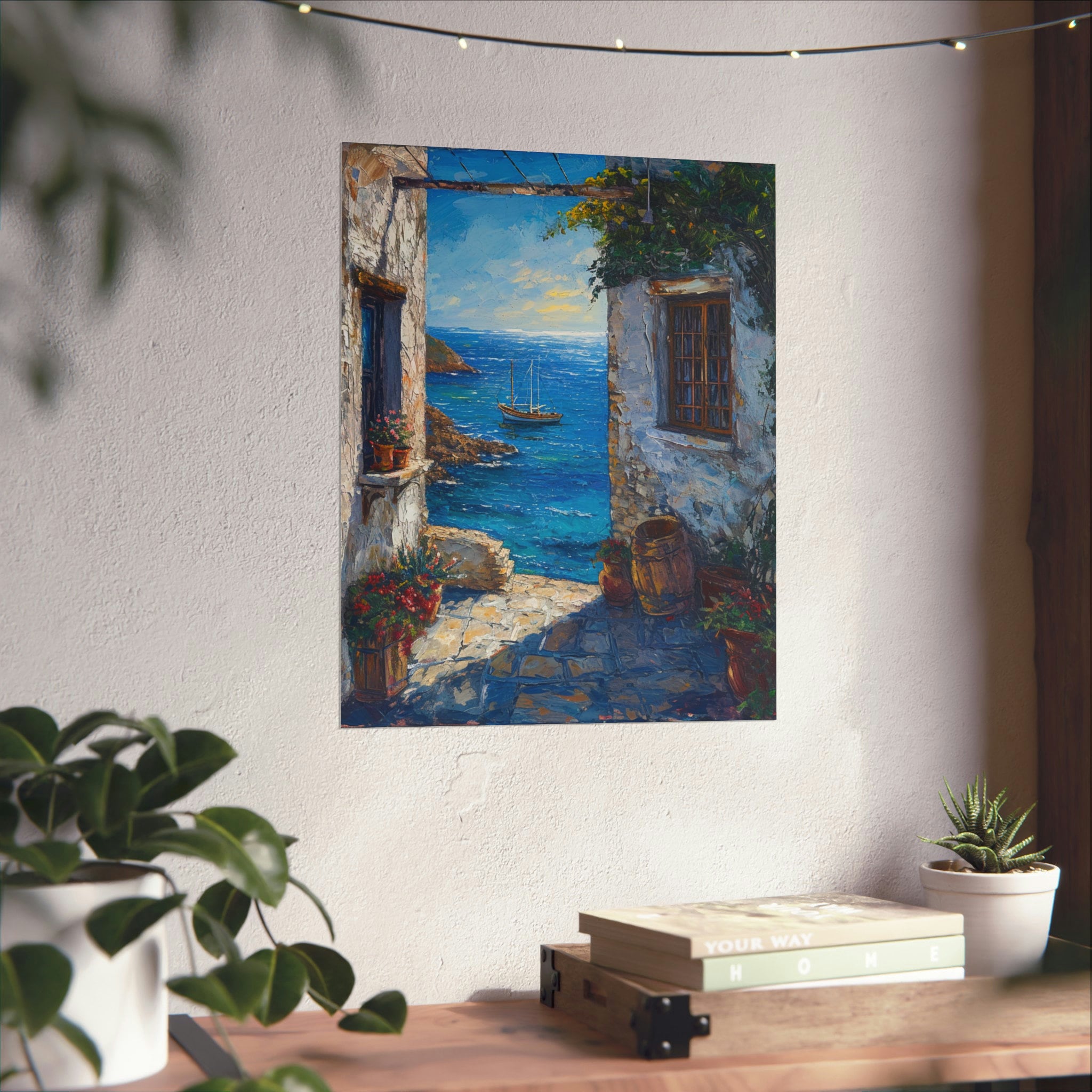 ヴィンテージのエーゲ海の絵画、伝統的なギリシャの路地の青い海の