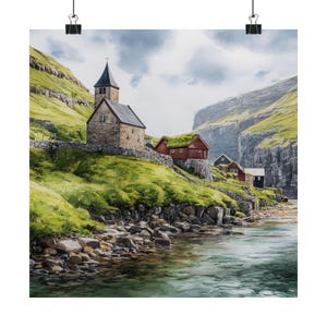 Lámina artística de las Islas Feroe, Techo de hierba, Acuarela de las Islas Verdes, Océano Atlántico Norte, Póster de viaje europeo, Regalo de viaje