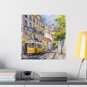 Lissabon Portugal Art Print, Lissabon Tram 28 Trolley Tram Artwork, Europese aquarel, stadsgezicht reisposter, reiscadeau afbeelding 10