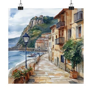 Arte de San Sebastián, España: Pintura en acuarela, Golfo de Vizcaya, Montañas del País Vasco, Paseo Marítimo, Póster de viaje de la Parte Vieja.