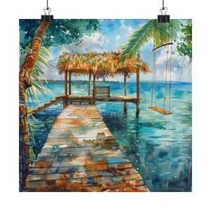 May include: A watercolour painting depicting a wooden jetty stretching out into a turquoise sea. A thatched roof hut with a bench is situated on the jetty. A swing hangs from the hut and sways gently in the breeze. Lush green palm trees frame the scene.