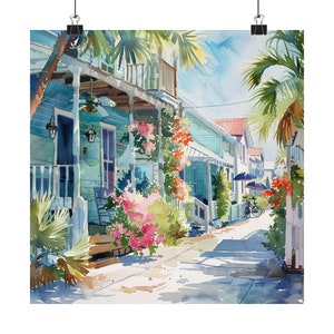 Art du paysage urbain de Key West, peinture Florida Keys, cottage floral pittoresque sur la plage, impression aquarelle paysage urbain de Key West, art de la plage, affiche de voyage