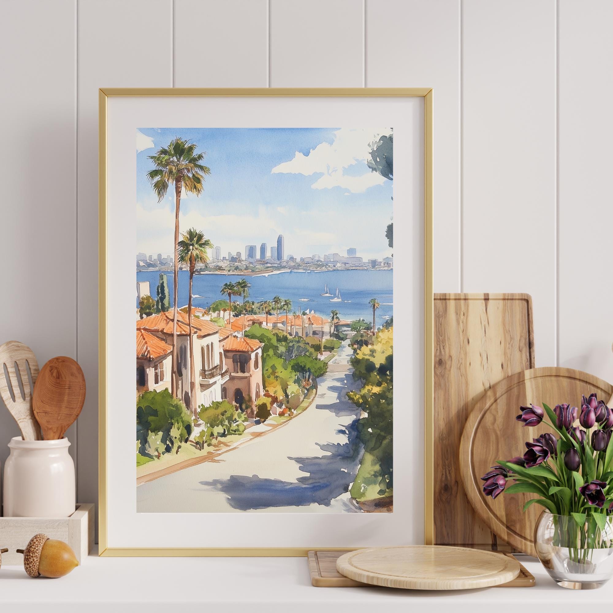 San Diego Art, Coastal California Watercolor Painting, US City Wall Art ...