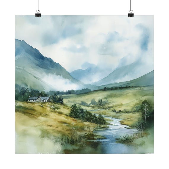 Scotland Wall Art, Scottish Highlands Print, Misty Mountains Landscape Watercolor Painting, UK Travel Print, Nature Travel Gift, Europe Art