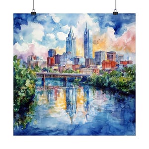 Nashville Art Print, Tennessee Watercolor Painting, Cityscape Skyline, Cumberland River Art, Nashville Wall Art US Travel Poster Travel Gift