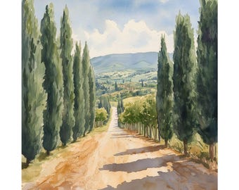 Tuscany Cypress Tree Watercolor Painting, Italy Travel Poster, Italian Neutral Decor, Nature Wall Decor, Landscape Art Print, Travel Gift