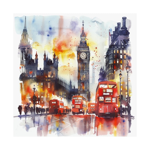 イギリス2階建て、街の風景 油彩画 税込) イギリス2階建て、街の風景 油彩画 絵画 - 絵画