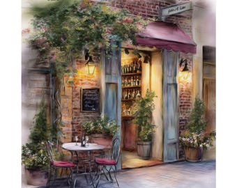 French Cafe Watercolor Print: Quaint Bistro Scene, Kitchen Wall Art