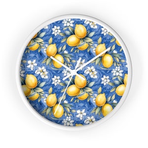 Mediterranean Lemons Floral Clock, Italian Kitchen Clock, Lemons Kitchen Decor, Floral Kitchen Decor, Kitchen Wall Clock Yellow Blue Kitchen