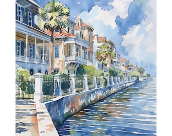 The Battery Charleston Painting, South Carolina Art Print, Landscape Wall Art SC Watercolor Charleston Coastal Artwork