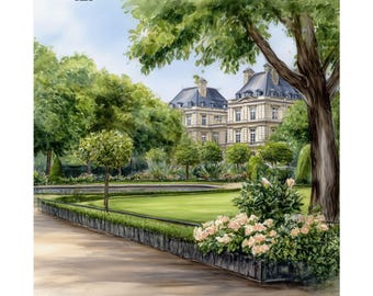 May include: A watercolor painting of a Parisian garden with a large building in the background. The garden is filled with lush green trees and bushes, and there is a small pond in the center. The building is a light yellow color with white trim and has a classic French architecture.