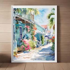 Art paysage urbain de Key West, peinture Florida Keys, pittoresque cottage floral sur la plage, impression aquarelle paysage urbain de Key West, plage Art voyage téléchargement