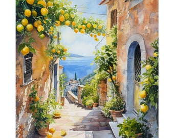 Mediterranean Watercolor Lemon Tree Wall Art Amalfi Coast Painting Italian Cityscape Print Italy Artwork Lemons Art