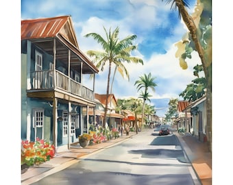Quadro da parete Lahaina Maui, dipinto ad acquerello delle Hawaii, stampa di paesaggio urbano, arte tropicale, poster di viaggio hawaiano, regali di viaggio dagli Stati Uniti