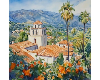 Santa Barbara Watercolor Painting: California Travel Poster Art Print, Personalized Gift