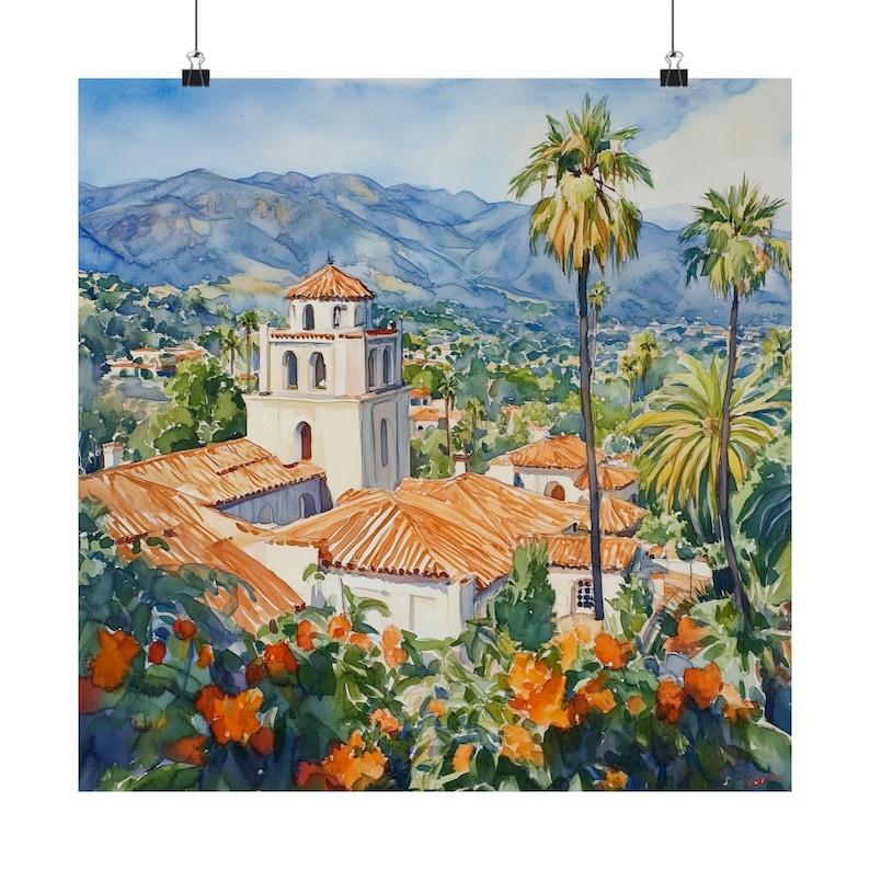 Santa Barbara Art, California Watercolor Painting, California Wall Art Print, Western US Landscape Art, Travel Poster, USA Travel Gift