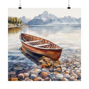 Jackson Lake Wyoming Gemälde, Grand Teton Mountains, US Nationalpark Kunst, Seeufer Aquarell Druck, Ruderboot Kunst, Reiseposter, Kunst Geschenk