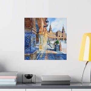 Art de Séville, aquarelle de la Plaza de Espana, art mural Espagne, paysage urbain de Séville, art espagnol, décoration espagnole, cadeau affiche de voyage en Europe image 10