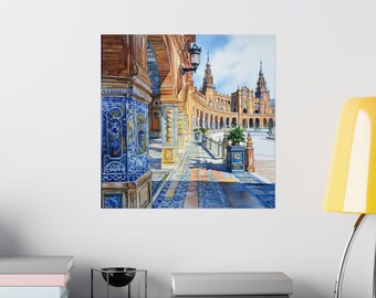 セビリアのアート、スペイン広場の水彩画、スペインの壁画、セビリアの