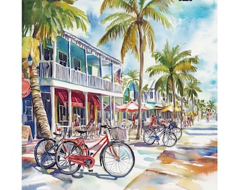 May include: A watercolor painting of a street scene in a tropical town. The street is lined with colorful buildings and palm trees. There are people walking and sitting at tables outside of cafes. Two red bicycles are parked on the sidewalk.