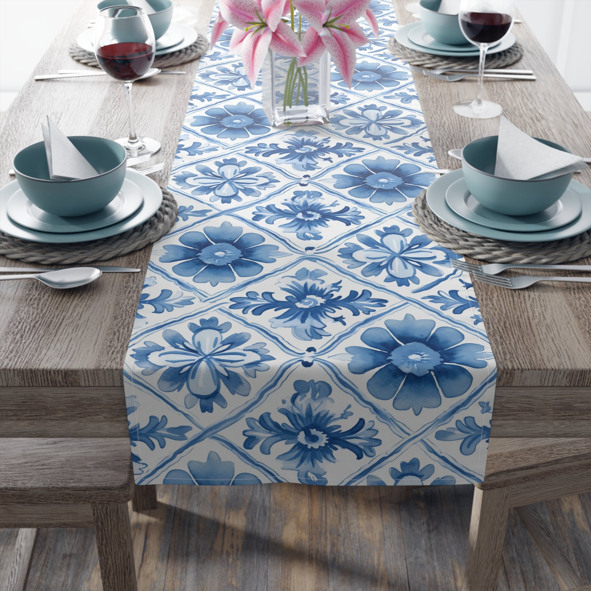 Italian Blue Floral Table Runner, Italian Tile Design Table Runner