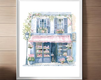 Paris Flower Shop Painting, Watercolor Print, Parisian Florist, Travel Art France Wall Art French Streetscape Cityscape Art Digital Download