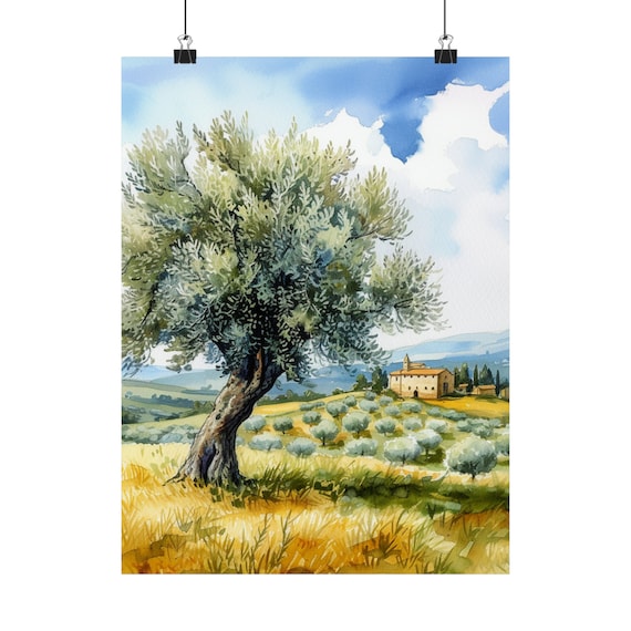 水彩オリーブの木の絵画、トスカーナの風景画、イタリアの自然画、農家