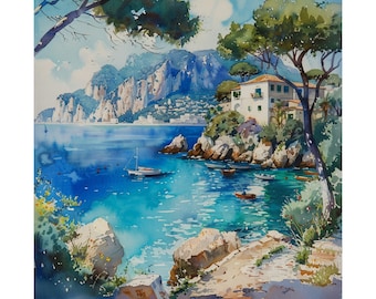 Island of Capri Painting Italy Seascape Art Print, Italian Watercolor Painting, Coastal Print, Italy Travel Art