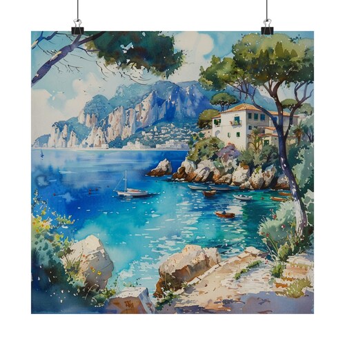 Island of Capri Painting Italy Seascape Art Print, Italian Watercolor Painting, Coastal Print, Italy Travel Art