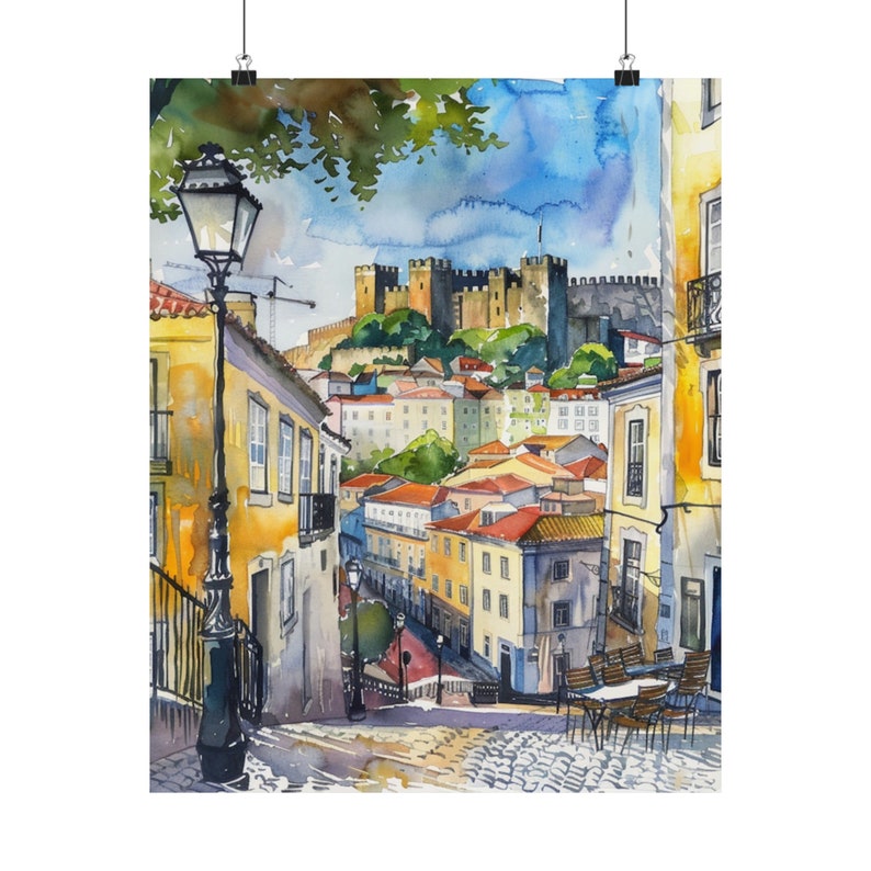 Portugal Painting Lisbon Streetscape Art Print, Portuguese Watercolor Print, Portugal Travel Art, Lisbon Castle, Europe Wall Decor