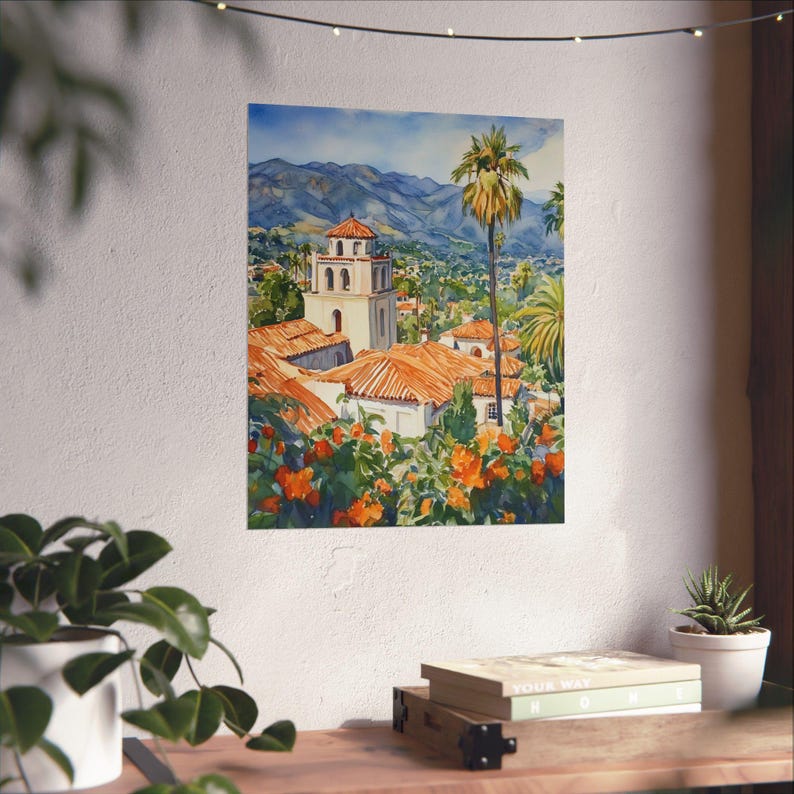Santa Barbara Art, California Watercolor Painting, California Wall Art Print, Western US Landscape Art, Travel Poster, USA Travel Gift