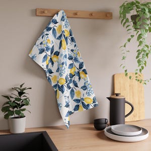 Sorrento Lemons Kitchen Towel, Italian Lemon Tiles Tea Towel, Blue Yellow Kitchen Decor, Floral Towel Hostess Gift for Her Housewarming Gift