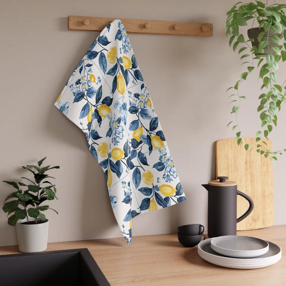 Sorrento Lemons Kitchen Towel, Italian Lemon Tiles Tea Towel, Blue