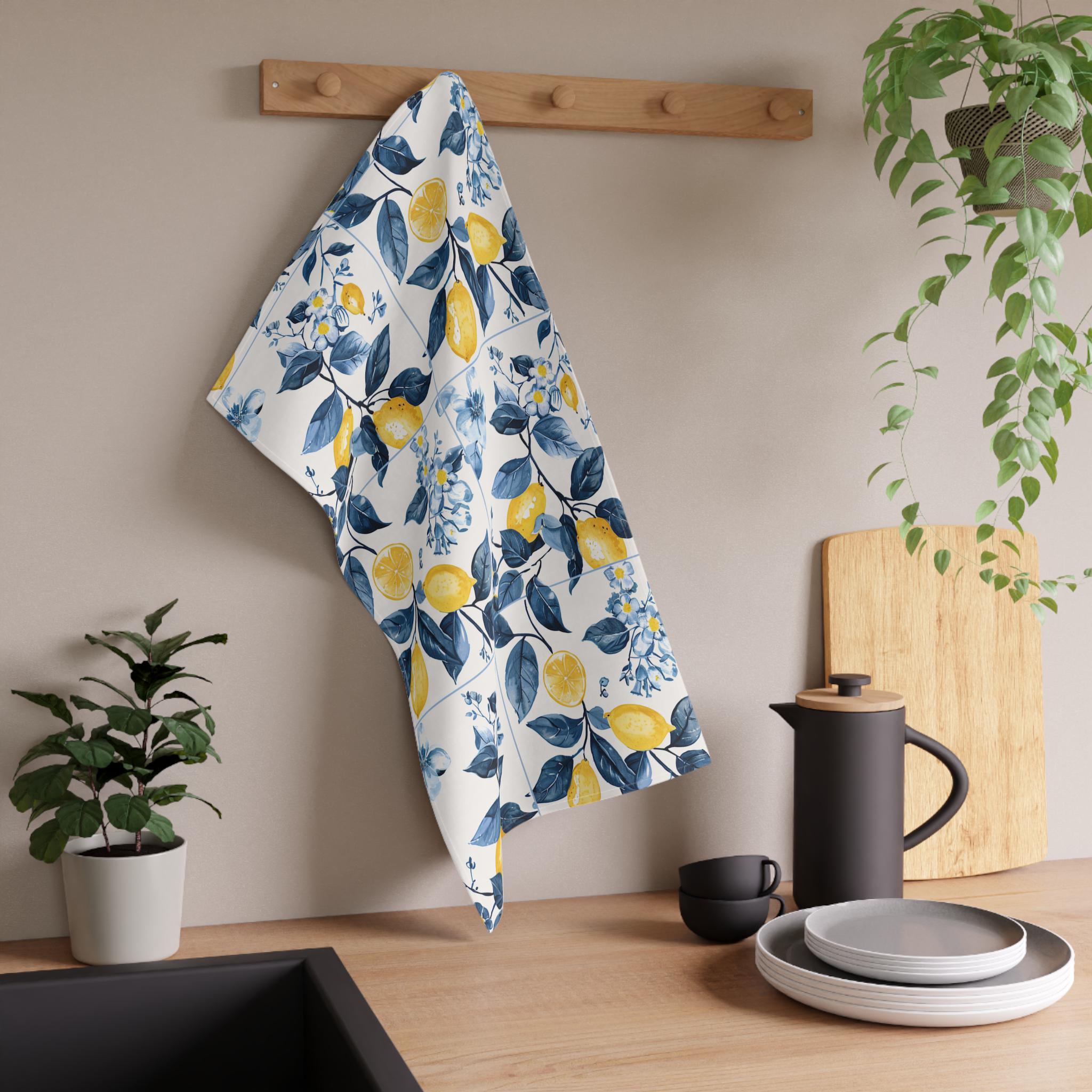 Sorrento Lemons Kitchen Towel, Italian Lemon Tiles Tea Towel, Blue