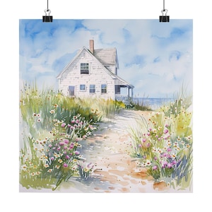 Cape Cod Painting, Seaside Watercolor Art Print, Beach Scene, Beach House Wall Decor, Coastal Wildflowers Artwork, USA Travel Poster