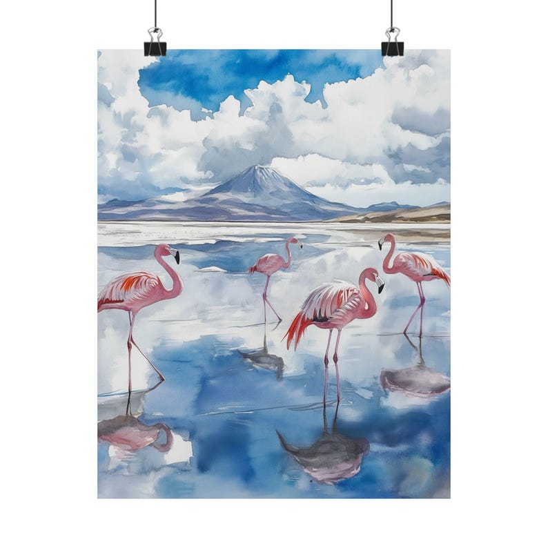 Bolivia Watercolor Painting: Pink Flamingos, Salar de Uyuni Art Poster image 5