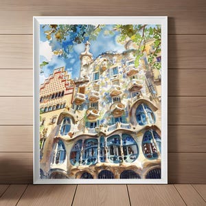Barcelona Painting Gaudi Architecture Print, Casa Batlló Gaudí House Art, Spain Wall Art, Spanish Architecture Download