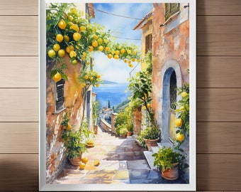Mediterranean Watercolor, Lemon Tree Wall Art, Amalfi Coast Painting, Italian Cityscape Print, Italy Artwork, Lemons Art Digital Download