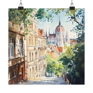 Budapest Painting, Hungary Streetscape Art Print, European Watercolor Painting, Hungarian Parliament, Europe Travel Poster, Travel Gift