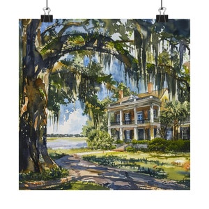 Colonial Charleston Watercolor Painting, Oak Tree with Spanish Moss Art Print South Carolina Coastal Landscape Artwork Travel Art