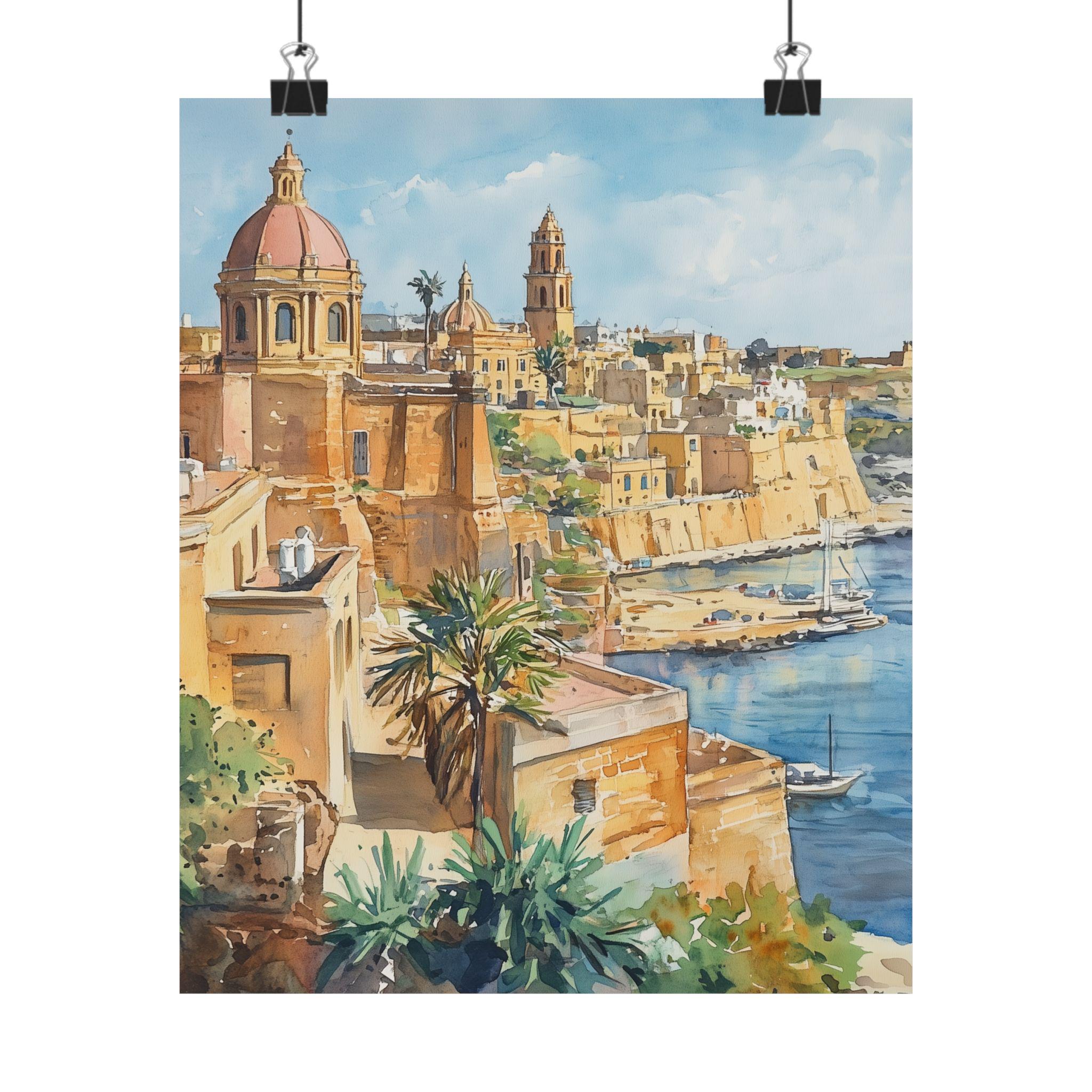 マルタの絵画、都市景観の水彩画プリント、地中海の島のアート