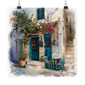 Naxos Greece Print: Mediterranean Street Cafe Watercolor Art