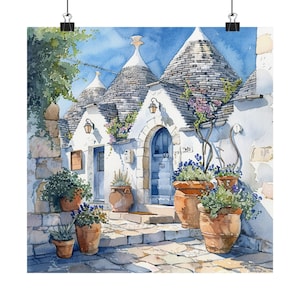Peinture d'Alberobello, impression d'art des Pouilles en Italie, oeuvre d'art aquarelle italienne Trulli House, Art européen, affiche de voyage en Europe, cadeau de voyage